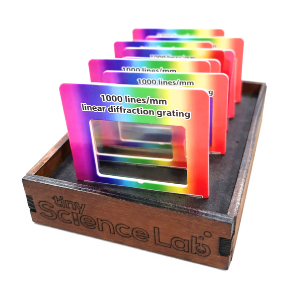 Class Set 8 Diffraction Gratings 1000 lines/mm in Timber and Foam Caddy